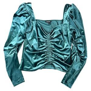 Express Womens Long Sleeve Top size L Victorian Jade Green Babydoll Ruched Front